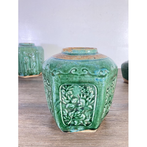 393 - Three Oriental green glazed stoneware vases - largest approx. 16cm high