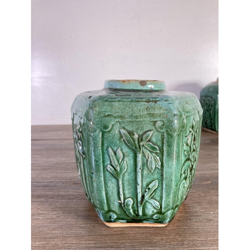 393 - Three Oriental green glazed stoneware vases - largest approx. 16cm high