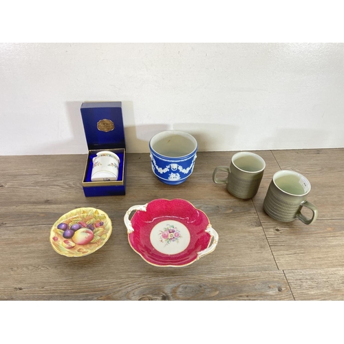 418 - Six pieces of china, two Denby coffee cups, one Coalport twin handled dish, one 19th century Wedgwoo... 