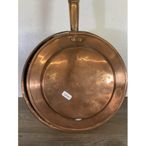 446 - Three pieces of metalware, one Victorian copper bed warming pan, one Follows & Bate Ltd Manchester M... 