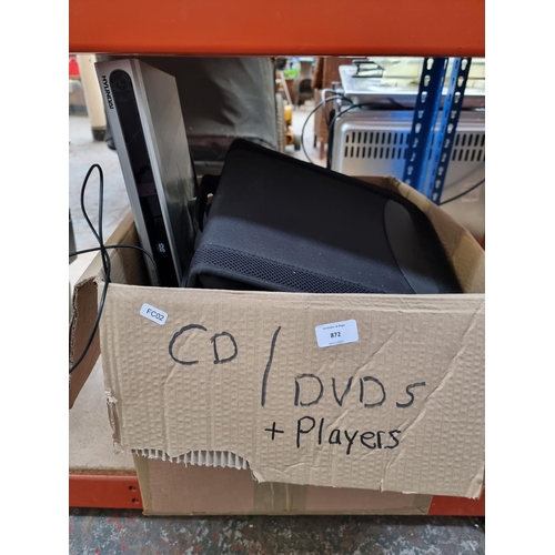 872 - A box containing DVD wallet with contents, Hyundai DVD player, Venturer portable DVD player with dua... 