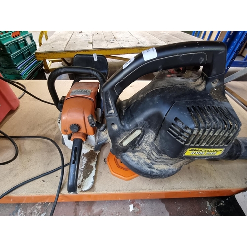 216 - Two petrol powered garden tools comprising McCulloch BVM240 leaf blower and Stihl 020AV chainsaw