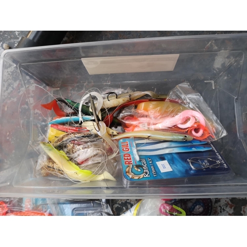 195 - A collection of fishing tackle to include Daiwa Sand Storm 12' beach casting rod, NGT Bech Pro tri p... 