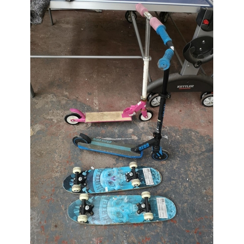 200 - Six children's items, two bikes, two skateboards and two scooters