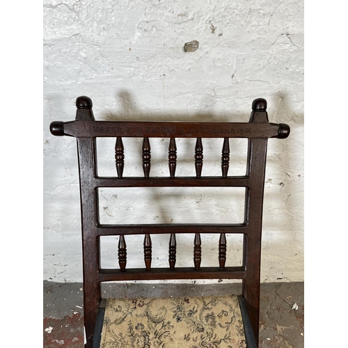 85 - A Boer War oak and tapestry folding chair made by P.E. Kruger K. G. St Helena 1901, believed to be p... 