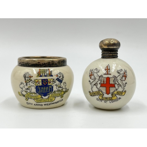 1257 - Seven ceramic and glass bottles and pots with hallmarked sterling silver tops - approx. gross silver... 