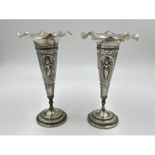 1261 - A pair of Indian white metal trumpet vases, stamped BM75 - approx. gross weight 228 grams and approx... 