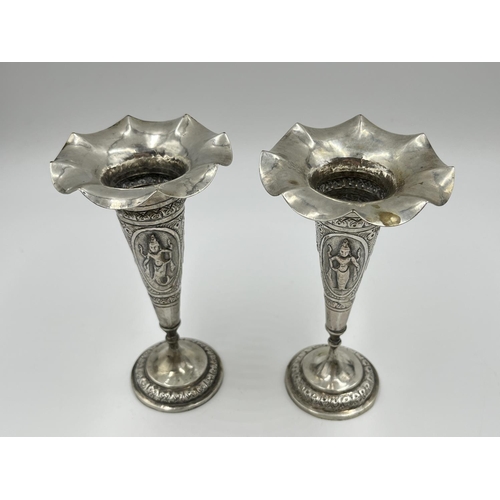 1261 - A pair of Indian white metal trumpet vases, stamped BM75 - approx. gross weight 228 grams and approx... 