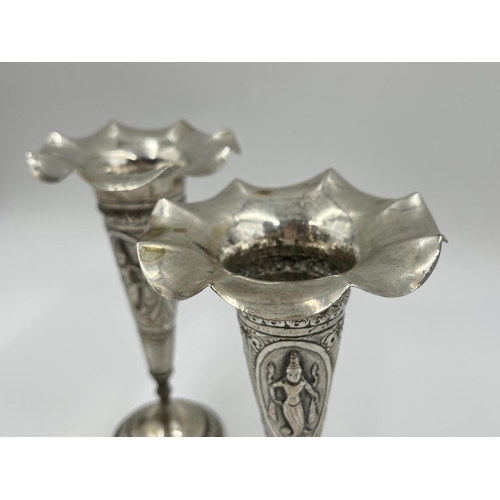 1261 - A pair of Indian white metal trumpet vases, stamped BM75 - approx. gross weight 228 grams and approx... 