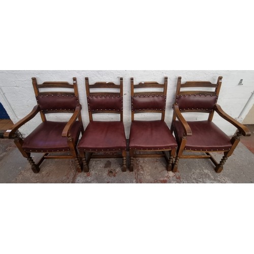 120 - Four Old Charm Cromwellian style oak and burgundy leatherette dining chairs