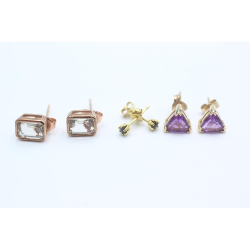 1008 - Three pairs of 9ct gold gemstone earrings, one sapphire, one amethyst and one blue quartz - approx. ... 