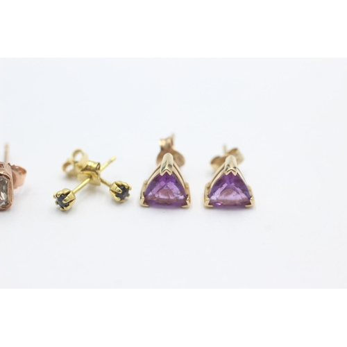 1008 - Three pairs of 9ct gold gemstone earrings, one sapphire, one amethyst and one blue quartz - approx. ... 