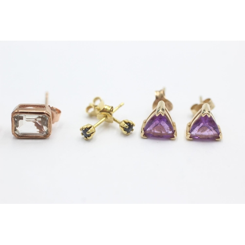 1008 - Three pairs of 9ct gold gemstone earrings, one sapphire, one amethyst and one blue quartz - approx. ... 