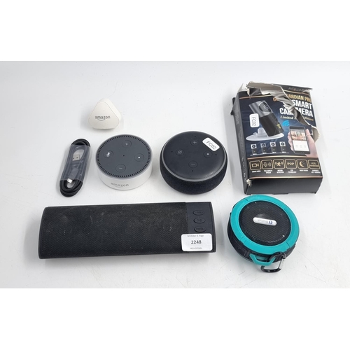 713 - Five items, two Amazon Alexa smart speakers, two generic Bluetooth speakers and one smart home surve... 