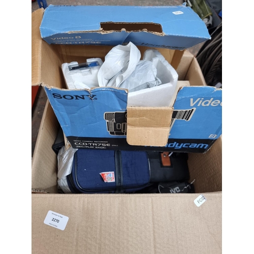 737 - A box containing various camcorders to include, Sony video 8 handycam, JVC camcorder etc.