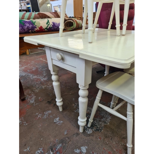 109 - Five pieces of white painted furniture, one Victorian pine drop leaf farmhouse dining table with sin... 