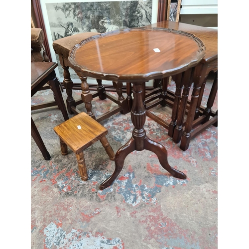 124 - Eight pieces of furniture to include 19th century style mahogany tripod wine table, oak nest of thre... 