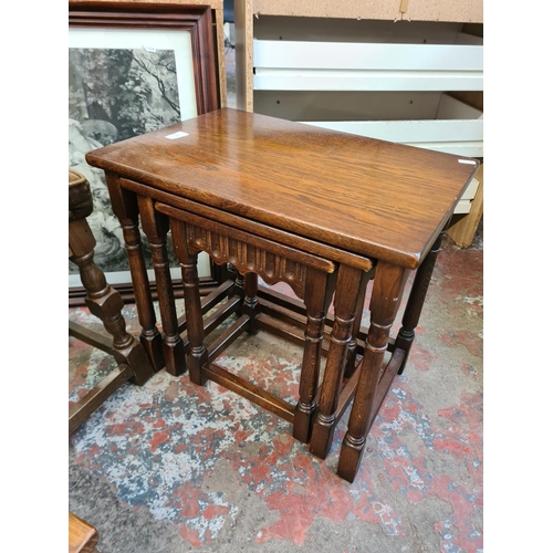 124 - Eight pieces of furniture to include 19th century style mahogany tripod wine table, oak nest of thre... 