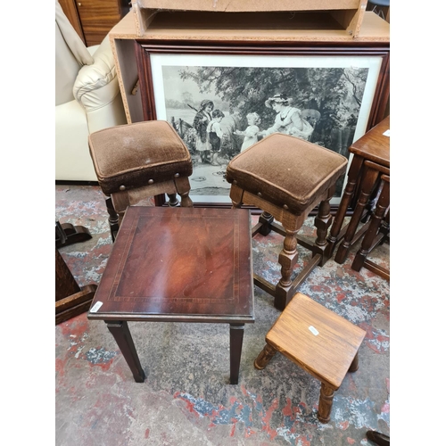 124 - Eight pieces of furniture to include 19th century style mahogany tripod wine table, oak nest of thre... 