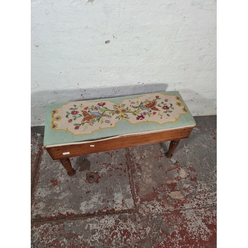 13 - A late 19th/early 20th century mahogany and tapestry upholstered duet stool - approx. 50cm high x 94... 