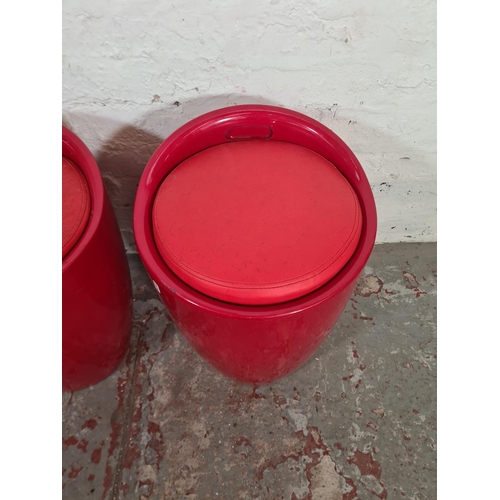 132 - Three Wenko red plastic and leatherette bathroom storage stools - approx. 50cm high