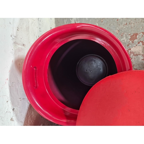 132 - Three Wenko red plastic and leatherette bathroom storage stools - approx. 50cm high