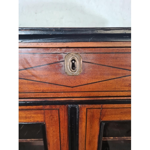 16 - A 19th century ebony inlaid mahogany two door glazed bookcase with three internal shelves and upper ... 