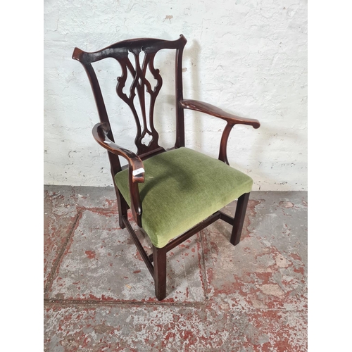 41 - A Georgian mahogany carver dining chair with green upholstery - approx. 96cm high x 63cm wide x 45cm... 