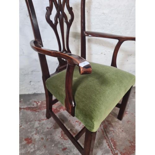 41 - A Georgian mahogany carver dining chair with green upholstery - approx. 96cm high x 63cm wide x 45cm... 