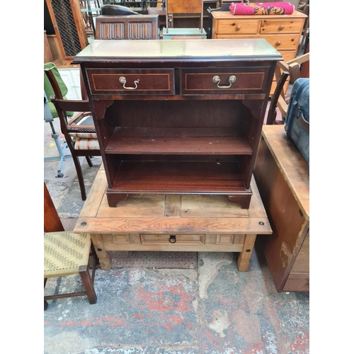 52 - Eight pieces of furniture to include mahogany bookcase, Mexican pine rectangular coffee table, yew w... 