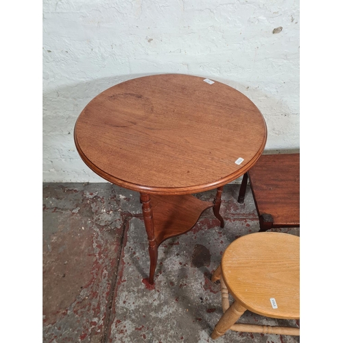 78 - Three pieces of furniture, one late 19th century mahogany side table, one modern solid oak stool and... 