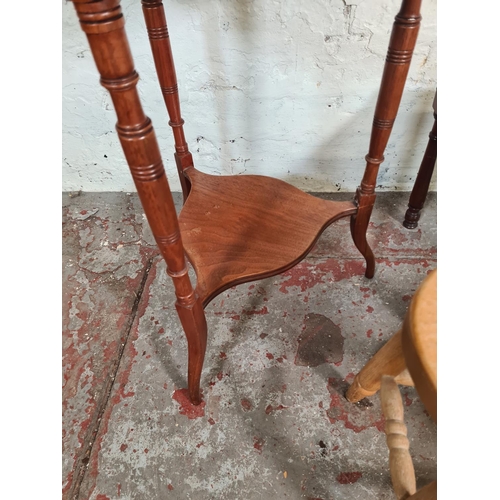 78 - Three pieces of furniture, one late 19th century mahogany side table, one modern solid oak stool and... 