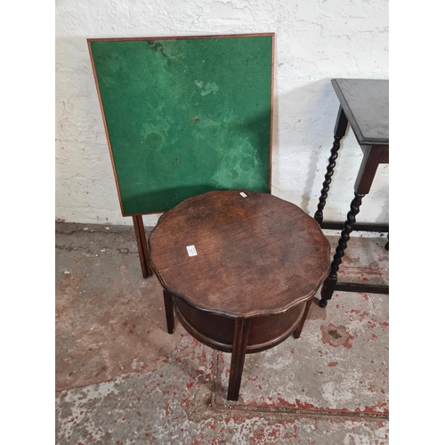 92 - Four pieces of furniture, one oak sewing table, one early 20th century oak barley twist side table, ... 