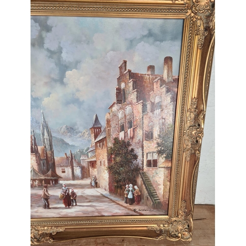 149 - A gilt framed oil on canvas of a town scene, signed lower right G. Schroter - approx. 106cm wide x 7... 