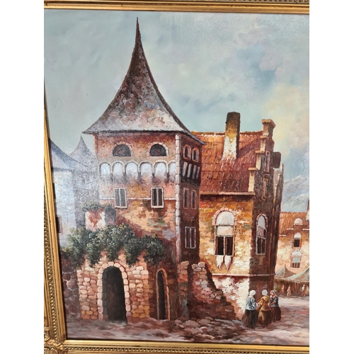 149 - A gilt framed oil on canvas of a town scene, signed lower right G. Schroter - approx. 106cm wide x 7... 