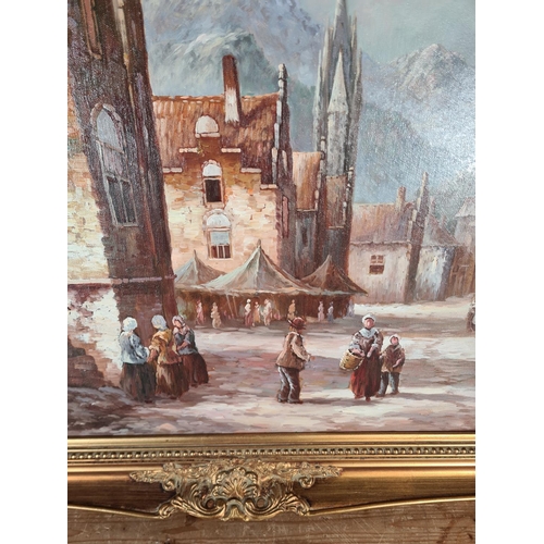 149 - A gilt framed oil on canvas of a town scene, signed lower right G. Schroter - approx. 106cm wide x 7... 