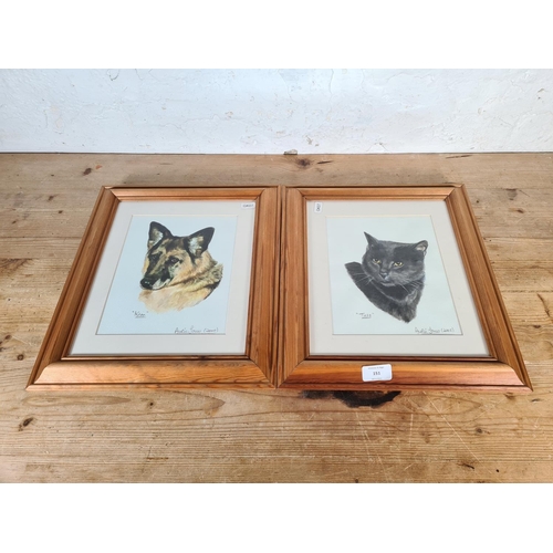 151 - Two framed animal water colour portraits, signed Avril Jones - approx. 38cm high x 33cm wide