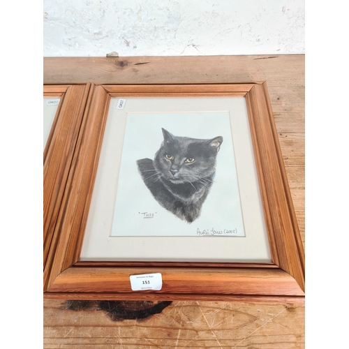 151 - Two framed animal water colour portraits, signed Avril Jones - approx. 38cm high x 33cm wide