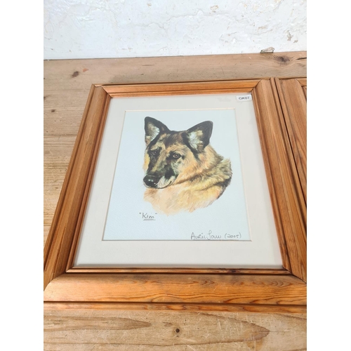 151 - Two framed animal water colour portraits, signed Avril Jones - approx. 38cm high x 33cm wide