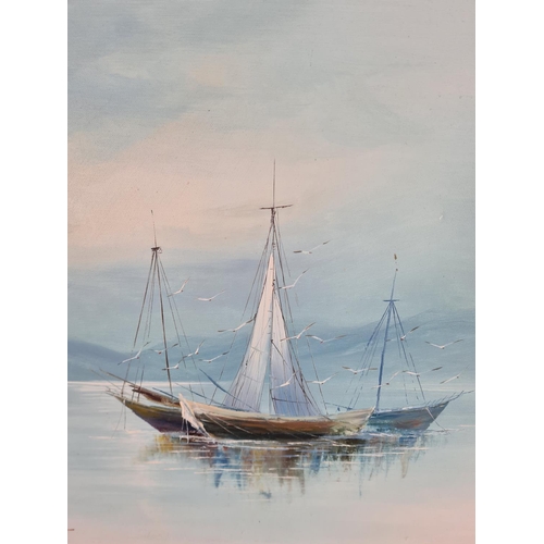 163 - An unframed oil on canvas of a boat scene, signed lower left - approx. 61cm wide x 51cm high