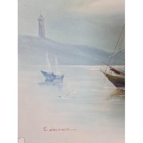 163 - An unframed oil on canvas of a boat scene, signed lower left - approx. 61cm wide x 51cm high