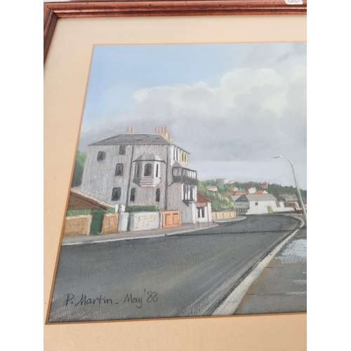 174 - A framed pastel drawing of a coastal scene by P. Martin 1988 - approx. 66cm wide x 50cm high