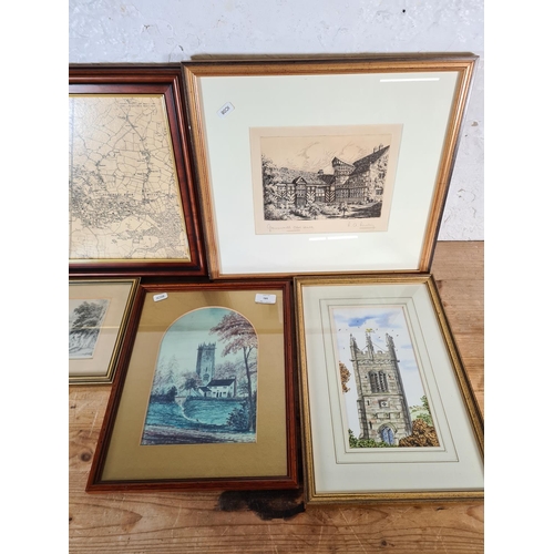 181 - Five framed local pictures to include 1997 Nigel Pearson Gawsworth Church watercolour, Map of Alderl... 