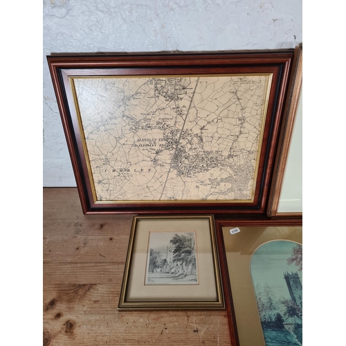 181 - Five framed local pictures to include 1997 Nigel Pearson Gawsworth Church watercolour, Map of Alderl... 