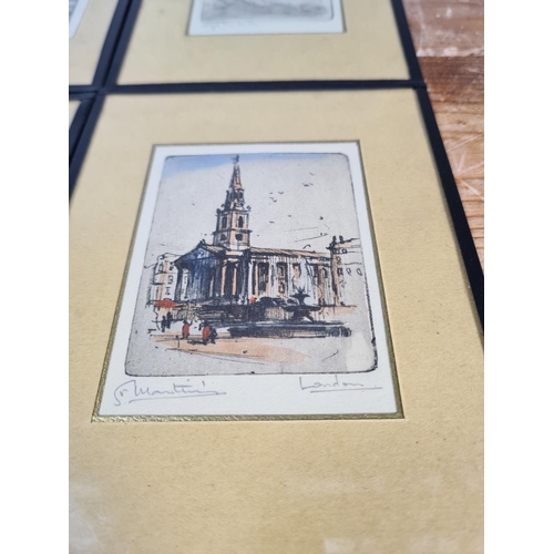 182 - Seven miniature etchings of London to include Buckingham Palace, Tower Bridge, Westminster Abbey etc... 