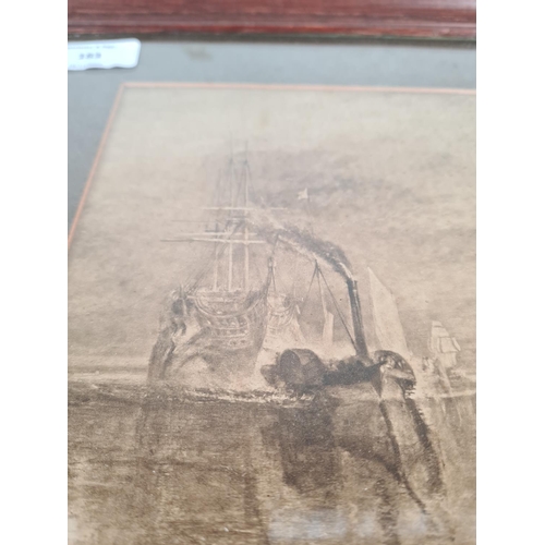 183 - A late 19th/early 20th century oak framed William Turner print of The Fighting Temeraire Being Towed... 