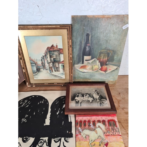 189 - A collection of pictures to include watercolour of a town scene signed Weedon, unframed still life o... 