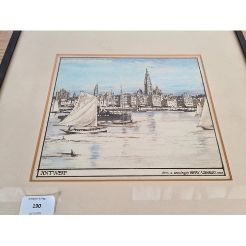 190 - A framed ink and watercolour of Antwerp from a drawing by Henry Rushbury - approx. 42cm wide x 38cm ... 