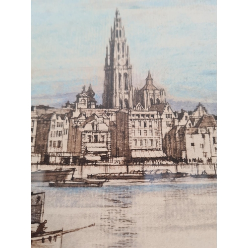 190 - A framed ink and watercolour of Antwerp from a drawing by Henry Rushbury - approx. 42cm wide x 38cm ... 