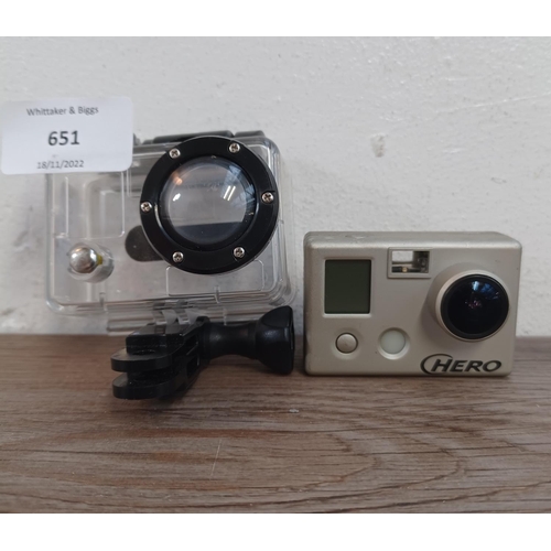 651 - A waterproof cased GoPro Hero action camera